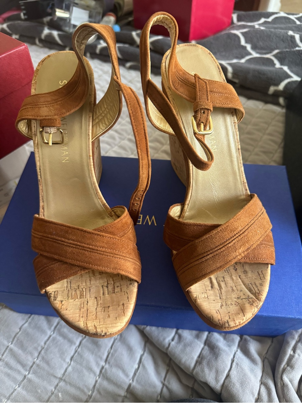Stuart Weitzman Tan Suede Cork Wedge Sandals size 9